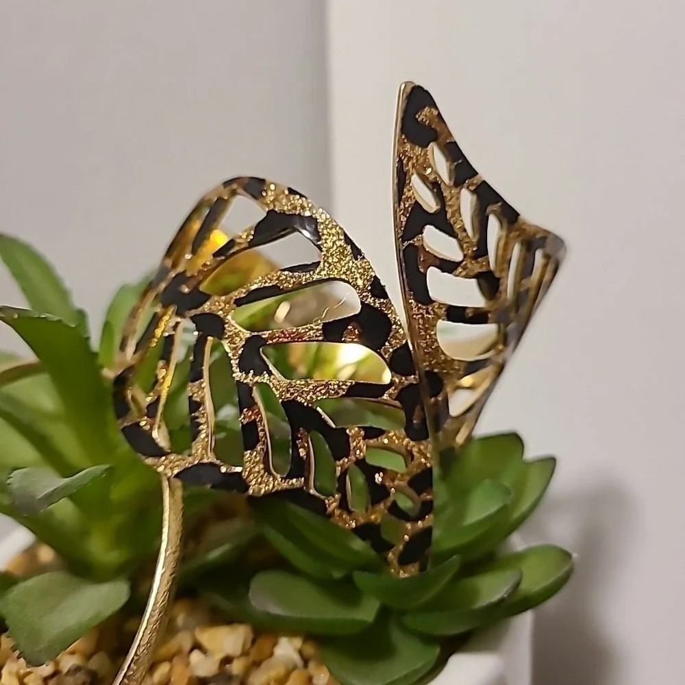 Gold Leopard‎ Print Monstera Leaf Cuff and Textured Bangle Bracelet Set 2pc